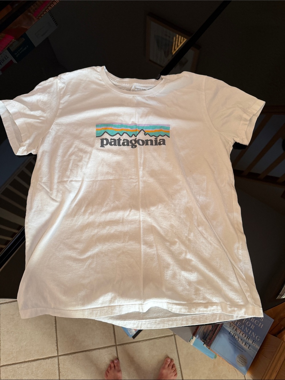 Patagonia White Tee with Multicolor Mountain Logo